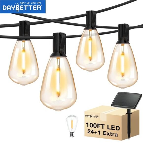 DAYBETTER 100ft Solar Outdoor String Lights, with 24 Edison Vintage - Picture 1 of 7